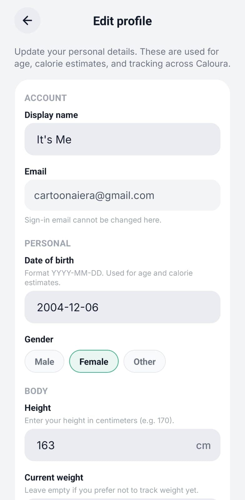 Set Up Your Profile secondary screen